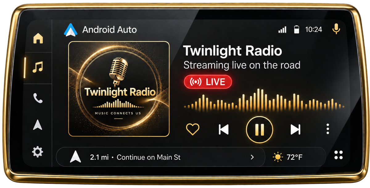 Android Auto screen playing a live radio station beside turn-by-turn navigation, with the station artwork and playback controls