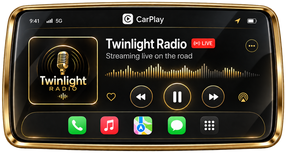 Apple CarPlay screen playing a live radio station, showing the station logo, name, LIVE badge and large playback controls
