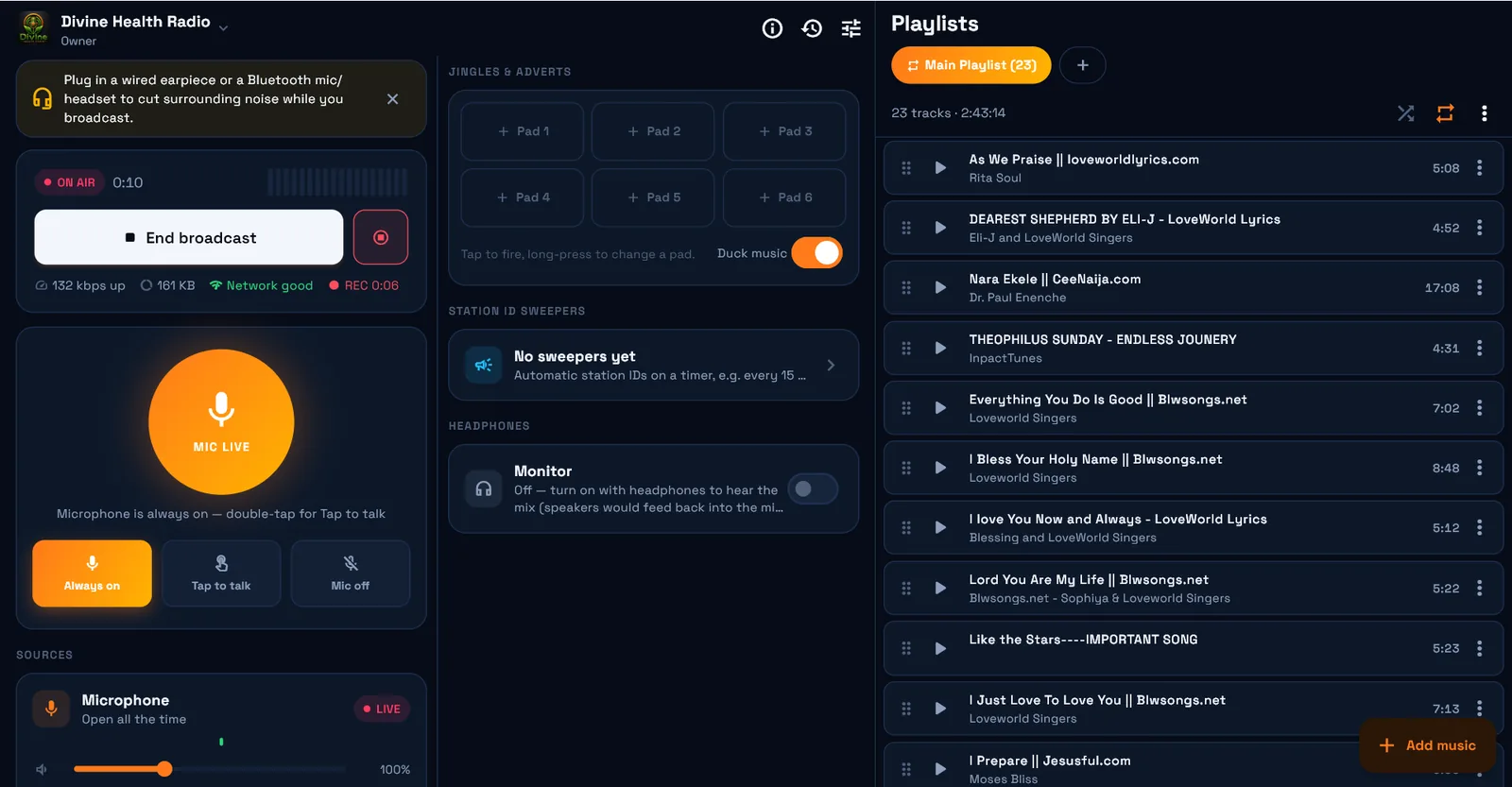 Radio Encoder Pro on Windows — on air with mic, jingle pads and playlist on one screen
