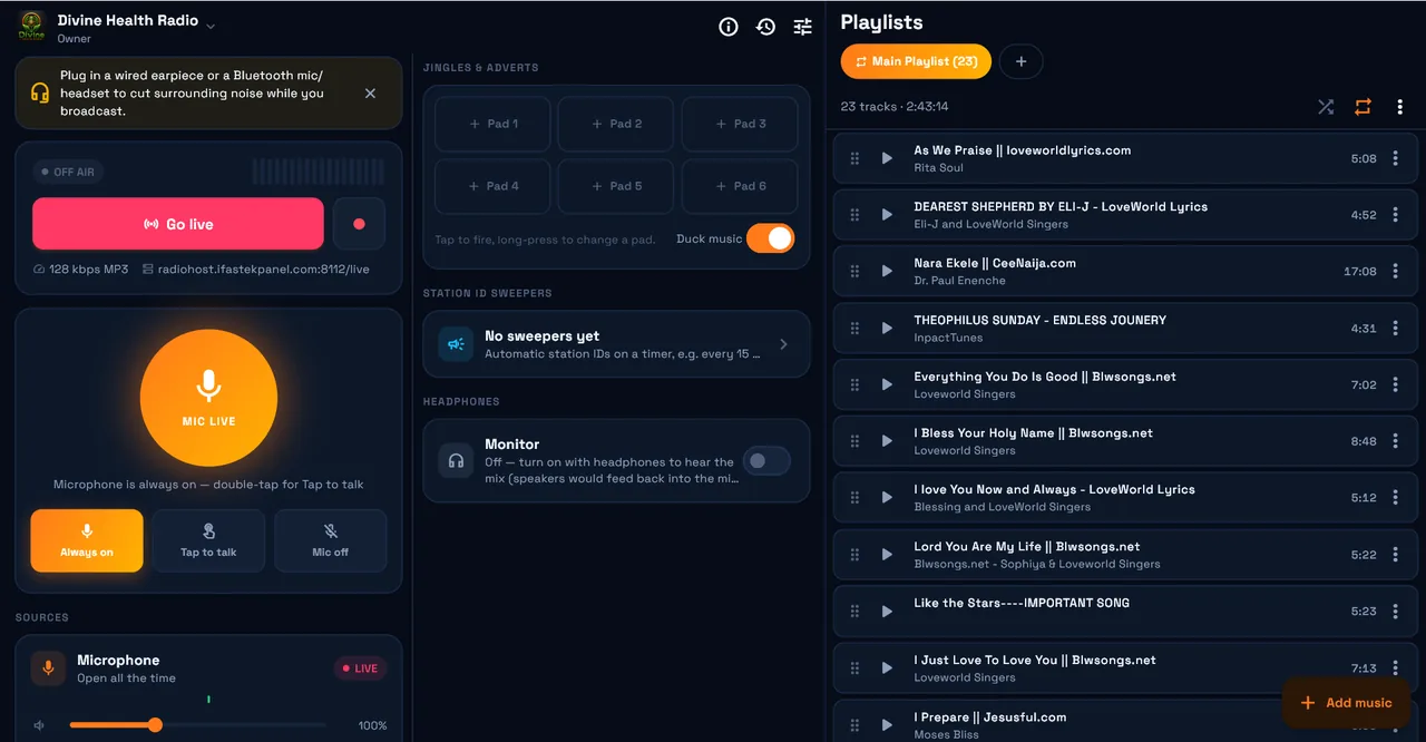 Radio Encoder Pro on Windows — a 23-track playlist next to the live studio