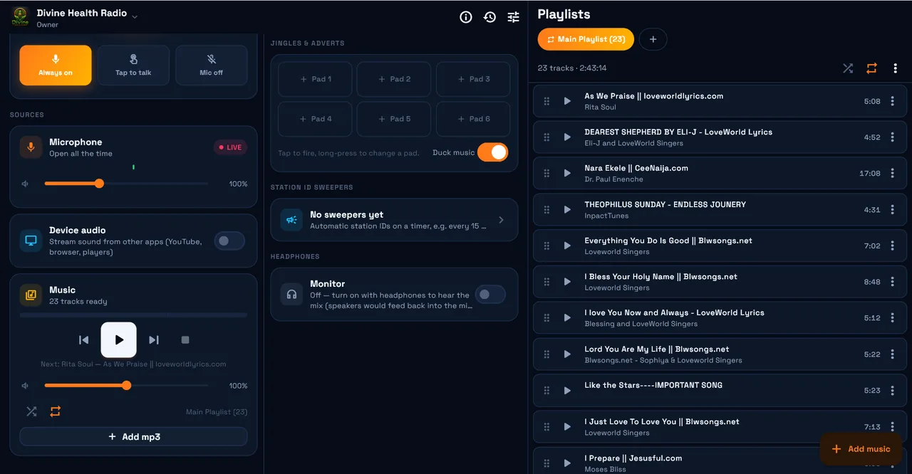 Radio Encoder Pro on Windows — microphone, device audio and music deck faders
