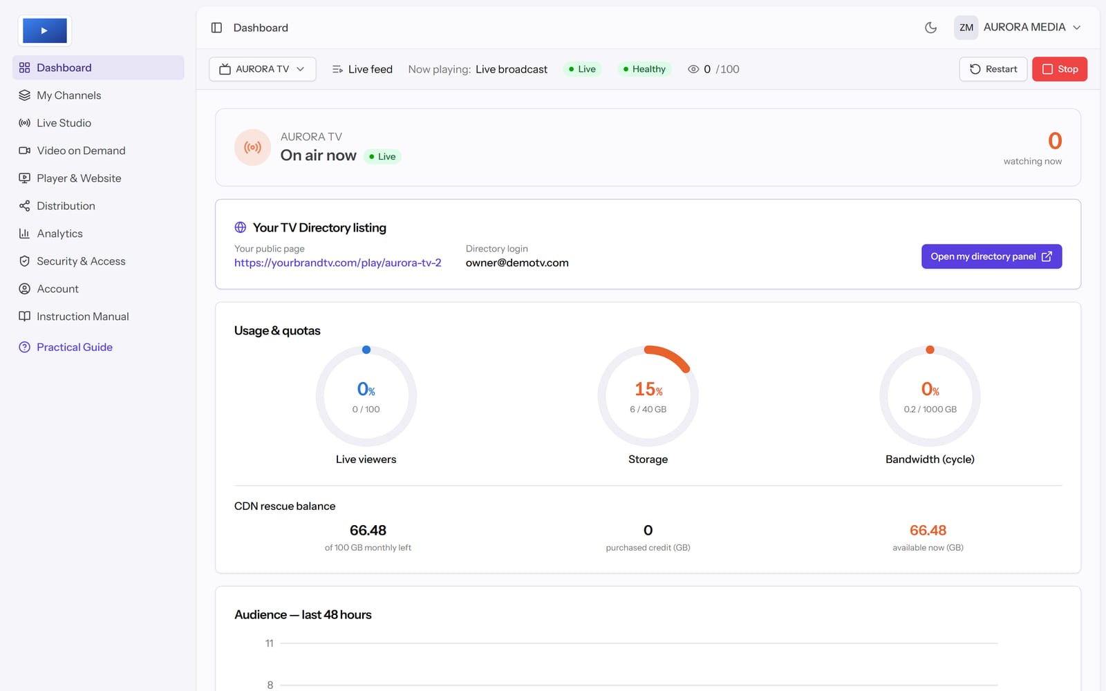 Channel dashboard showing on-air status, viewers and quotas