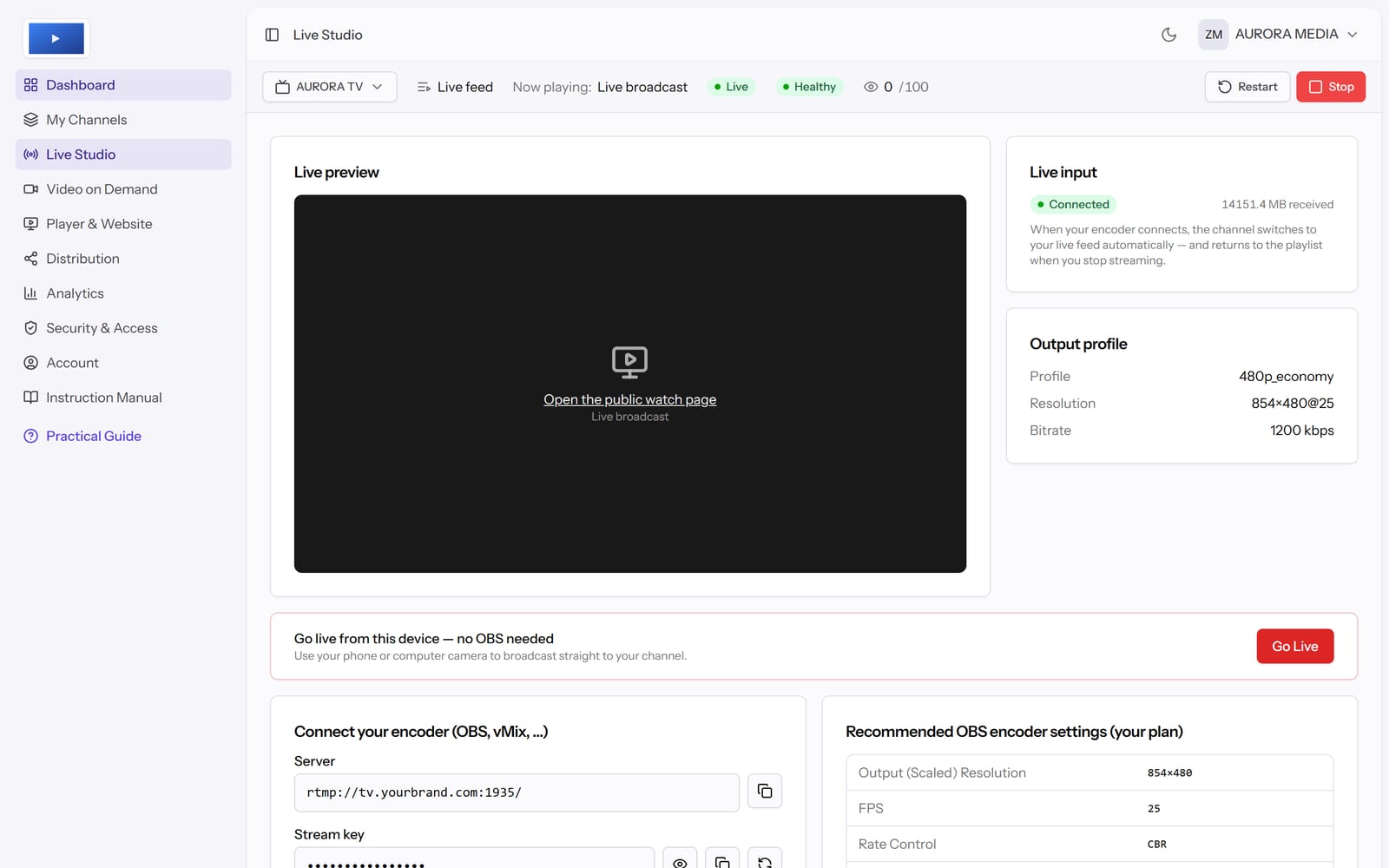 Live Studio — encoder settings, live preview and go-live controls