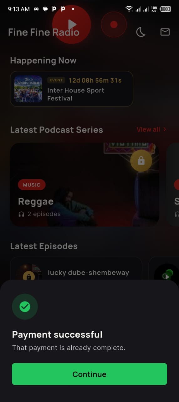 Payment successful screen