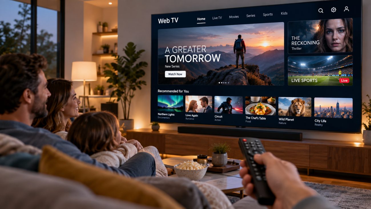 A hand pointing a television remote at a Web TV app on the living-room screen while the family watches