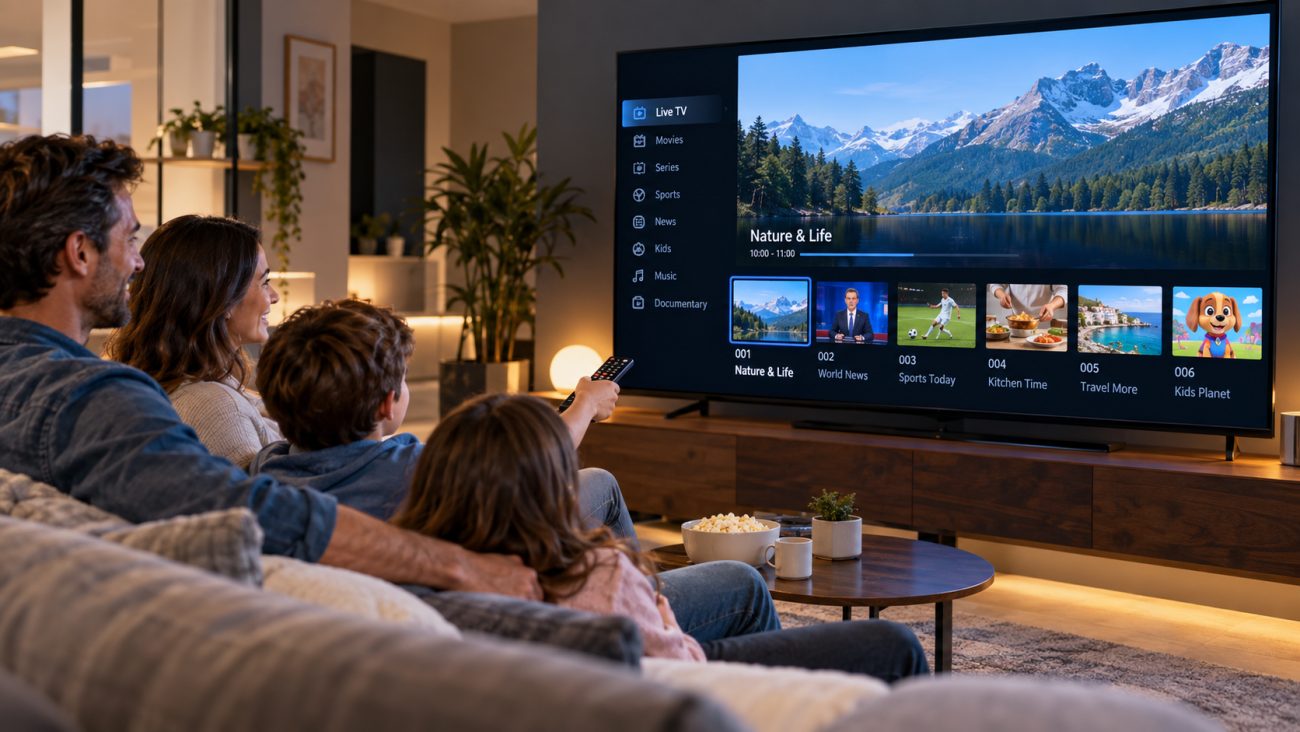 A family on a sofa choosing a channel from a station list on a wall-mounted television