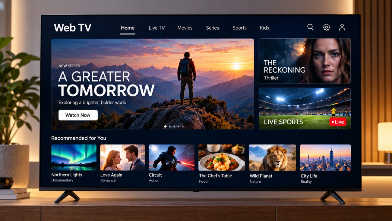 A television on a sideboard showing a Web TV app home screen with a featured series and a row of recommended programmes
