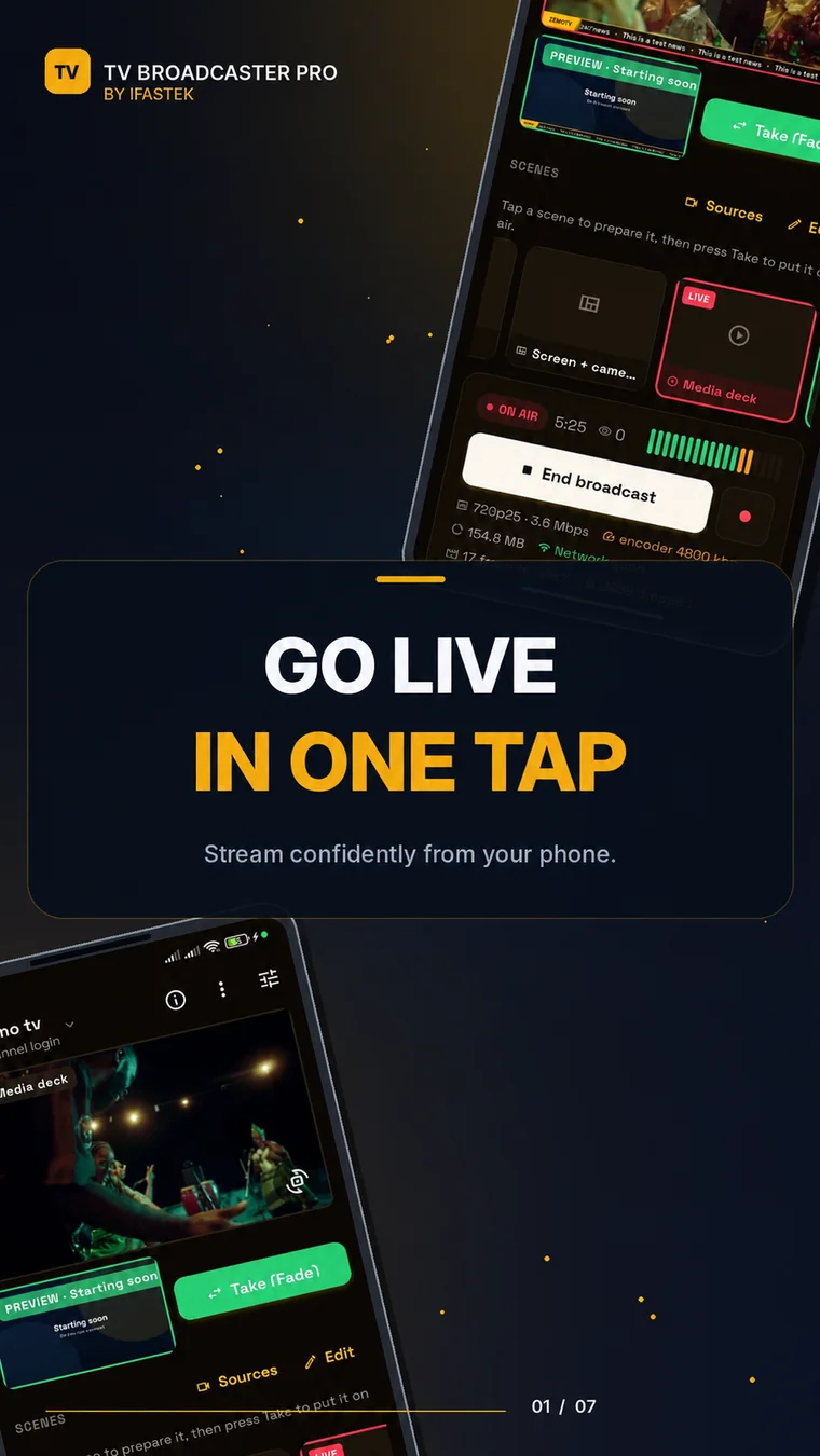 TV Broadcaster Pro on Android — Go Live in one tap