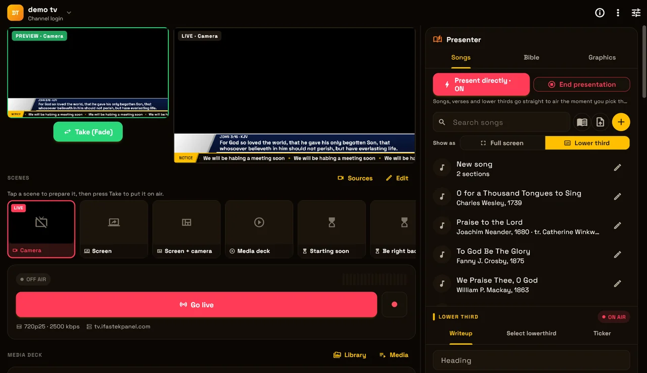 TV Broadcaster Pro on Windows — live studio with scenes, presenter and media deck on one screen